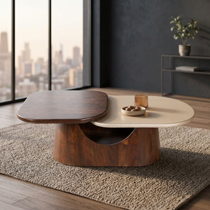 Mesa de Centro Moderna de Dos Niveles de Madera de Mango Sólida con Diseño Rectangular, Acabado en Teca Rosa Oscuro y Nogal Oscuro para Sala de Estar - Product Image 4