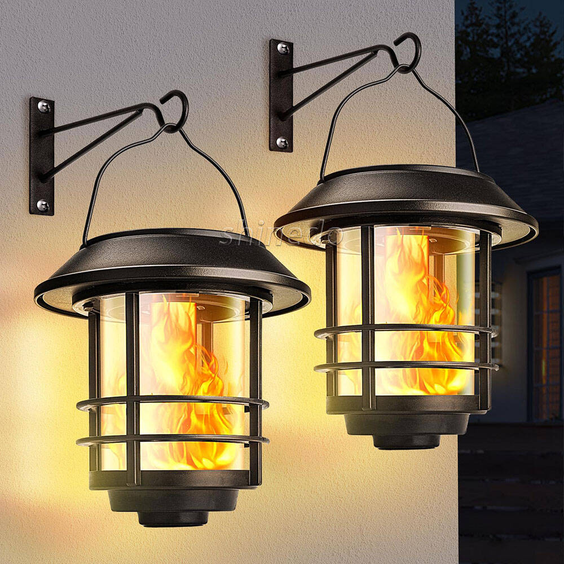 Outdoor Flickering Flamer Hanging  Lantern Lights Waterproof Stainless Wall Light Solar Flame  Tungsten Light