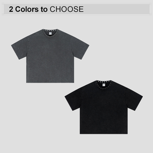 T-shirt da uomo all'ingrosso, taglio cropped squadrato, 285GSM, in cotone 100% pesante, lavato effetto distressed, con spalle scese e rivetti - Product Image 2