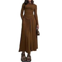 Robe longue décontractée marron unie asymétrique froncée à manches longues et fente haute en maille, style modeste, pour l'automne et les soirées - ZYHT 74133