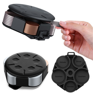 Organisateur de pièces de monnaie portable, boîte de tri de pièces de monnaie en plastique noir, rangement pour pièces de monnaie en dollars américains et euros avec compartiments pour nickels, dimes, quarts et pennies - Product Image 1