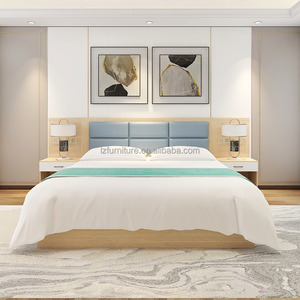 Economical Hotel <b>Bed</b> Twin Size Set Modern Light Wood <b>Platform</b> <b>Bed</b> <b>Frame</b> with Upholstered Headboard Panels & Nighstand - Product Image 3