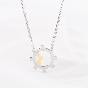 Geometric Gear Pendant Necklace Stainless Steel <b>Titanium</b> Steel Electroplated Gold Chain Minimalist Punk Style - Product Image 1