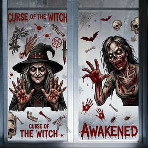 Set de Adhesivos Decorativos para Ventanas de Halloween con Diseño de Bruja, Zombi y Hombre de las Fosas con Texto Sangriento para Decoración de Casas Encantadas - Product Image 1