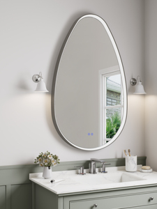 Miroir de salle de bain LED asymétrique en forme de larme, design moderne à éclairage latéral, panneau de commande tactile, étanche IP44, garantie 3 ans, argent - Product Image 2