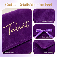 Pochette à bijoux en velours violet avec logo doré personnalisé, ruban et nœud, sac cadeau enveloppe pour mariage, collier, boucles d'oreilles, bague