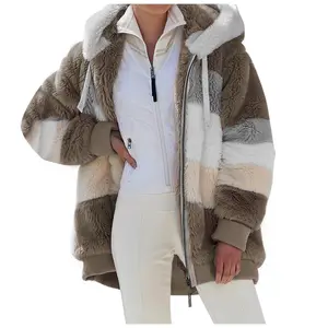 Sonbahar kış sıcak peluş Patchwork fermuar cepli kapüşonlu üst giysisi gevşek ceket kadın artı boyutu kürk mont kış mont bayanlar kadınlar için