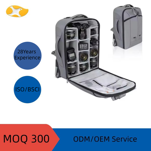 OEM/ODM Custom Logo 2IN1 Rolling DSLR Camera Trolley Backpack Polyester Portable Wheeled Zipper Design Travel Camera Bag