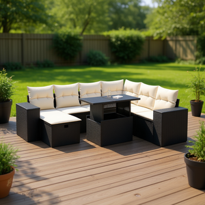 Ensemble de canapés de patio en rotin moderne noir et crème, mobilier d'extérieur pour 7 personnes, design contemporain - Product Image 2