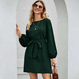 Dropshipping Shopify Midi Dress For <b>Women</b> Slim Fit High Waist <b>Long</b> Sleeve Round Neck Work Dress Elegant Solid Color Dress - Product Image 2