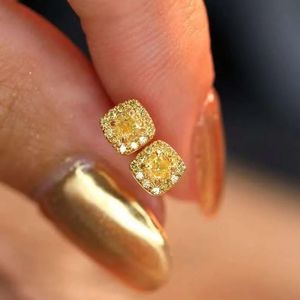 Xinfly Women's 18K Gold 0.36CT <b>Small</b> Yellow Diamond Stud Earring Classic Style Color Wedding Geometry Fancy <b>Cushion</b> Cut - Product Image 4