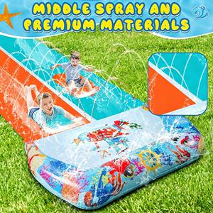 Tobogán Acuático Doble de PVC con Diseño Oceánico, Aspersor y Almohadilla de Impacto para Niños, Diversión en el Patio Trasero - Product Image 6