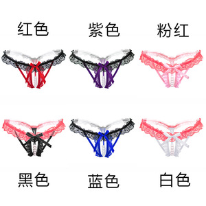Ding Zhi Mei Sexy Lace Triangle <b>Thong</b> Panties Women's Pearl Massage Open Crotch <b>Seamless</b> Intimates White Black Red Pink Blue - Product Image 1