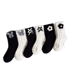 Women's Fleece Lined Thick Mid Calf <b>Socks</b> With Bow And Flower Warm <b>Winter</b> Black White Coral Fleece <b>Socks</b> - Product Image 4