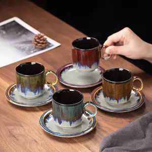 공장 직접 150ML 복고풍 반응 유약 다채로운 세라믹 커피 컵과 접시 차 컵 세트 도매