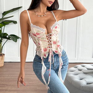 2026 OEM 2025 Summer Fresh Sweet Floral Print French Style Underwire <b>Cross</b> Back Ties Slim Fit Sexy Cami Corset <b>Top</b> - Product Image 3