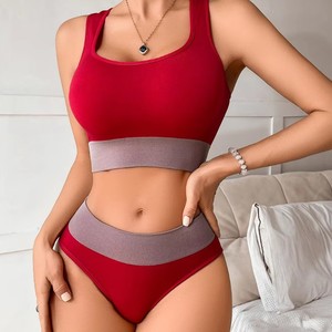 Ensemble soutien-gorge sans couture respirant et culotte taille haute unie pour femme, lingerie sexy sans armatures avec logo à la taille - Product Image 1