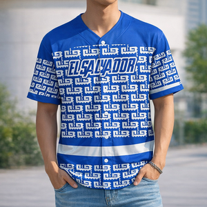 Jersey Baseball Pola Tribal El Salvador dengan Lambang Nasional dan Tema Biru Putih Seragam Baseball Logo Kustom - Product Image 1