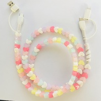 Câble de charge pour téléphone en forme de cœur de couleur bonbon, perlé à la main, multifonction 2 en 1, cordon de données