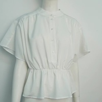 Blus Wanita Kerah Mandarin 100% KATUN Pinggang Elastis Lengan Mengembang Kancing Setengah Baju Putih Kasual Atasan Kantor