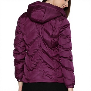 Women's Purple <b>Quilted</b> Hooded Puffer Jacket Full Sleeve Zipper Closure Winter Coat Solid Color Polyester <b>Wadding</b> - Product Image 2