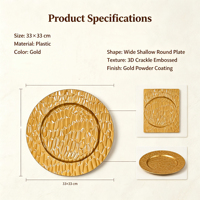Assiette décorative en plastique PP avec revêtement en poudre dorée, effet peau de crocodile, pour mariage et décoration de table de fête