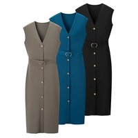 Robe mi-longue décontractée tendance pour femmes 2026, col en V, ceinture décorative, robe chic sans manches rétro pour femmes.