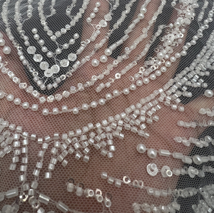 Newest Fashion <strong>Heavy</strong> Tulle French <strong>Lace</strong> <strong>Fabric</strong> with Sequins Beads &amp; Rhinestones for Wedding Dresses - Product Image 4