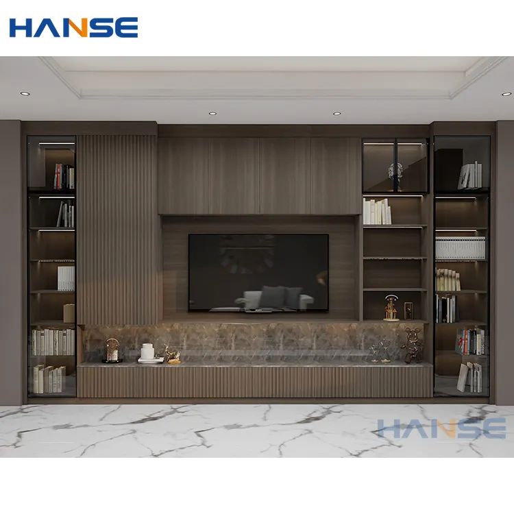 La fábrica de Foshan de pared de madera de mobiliario para armario de televisión diseños moderna casa habitación gran nogal soporte de madera maciza de la pantalla de tv del gabinete