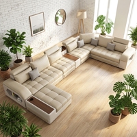 Ensemble de canapés modulaires en cuir beige avec porte-gobelets intelligents et appuie-têtes réglables pour salon