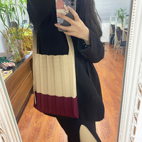 Sac fourre-tout tricoté pour femmes-Sac à main plissé à blocs de couleurs, sac à provisions décontracté extensible avec design froncé, réutilisable au quotidien