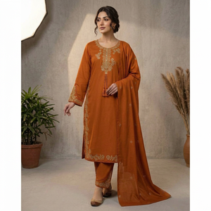 Conjunto Elegante de Salwar Kameez con Bordado Naranja, Túnica de Manga Larga, Pantalones Palazzo y Chal para Boda, Diwali, Traje Pakistaní e Indio - Product Image 1