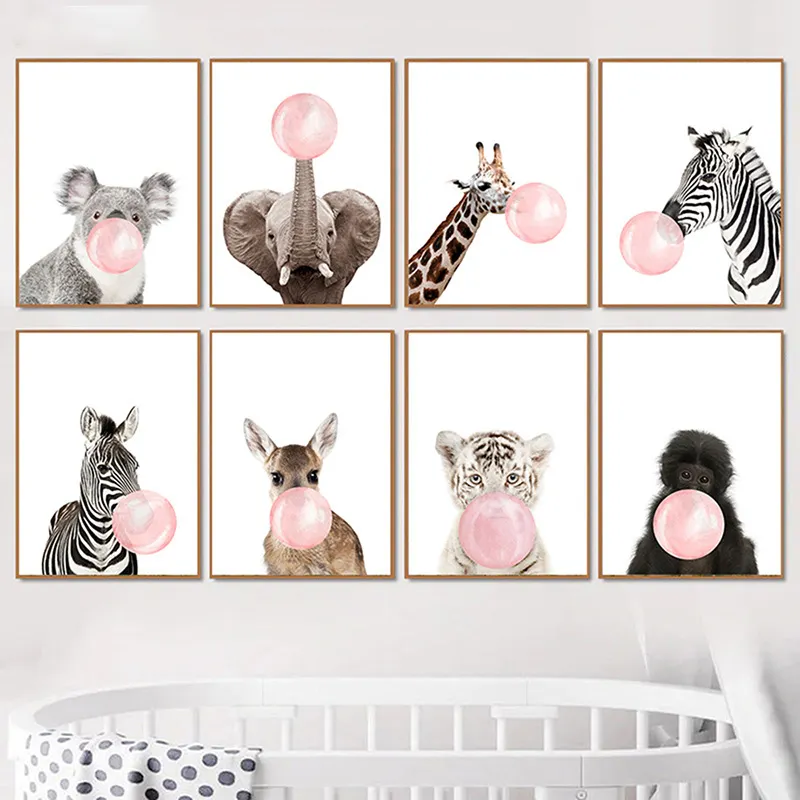 Pink Bubble Elephant Giraffe Child Poster Animal Wall Art Canvas Nursery Print Painting Nordic Kid Baby Room Decoration Picture