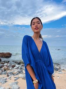 Blue Maxi Cotton <b>Dress</b> With V Neck <b>Long</b> Sleeves Drawstring Waist Flowing Silhouette Side Slit Relaxed Resort Style Kaftan <b>Dress</b> - Product Image 5