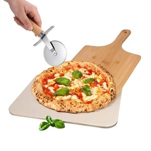 Pizza Stone Set With Wooden Peel And <b>Cutter</b> 30x38cm For Homemade Pizza And <b>Bread</b> - Product Image 1