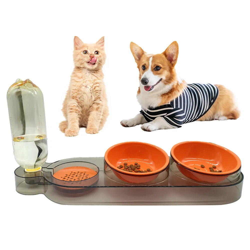 Grosir kustom mangkuk pemberi makan anjing kucing pengumpan hewan peliharaan dengan pengumpan air otomatis 3 in 1 Set mangkuk hewan peliharaan