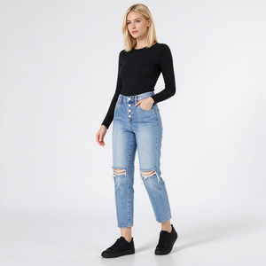 Jean droit déchiré taille haute <span class=keywords><strong>pour</strong></span> femme, coupe courte, idéal <span class=keywords><strong>pour</strong></span> les sorties décontractées et les journées d'automne - Product Image 3