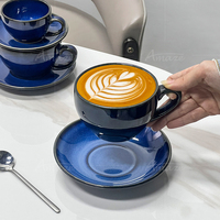 Tasses et soucoupes à café en porcelaine bleue glaçure réactive personnalisée tasse à espresso italienne vintage faite à la main avec soucoupe pour la fête
