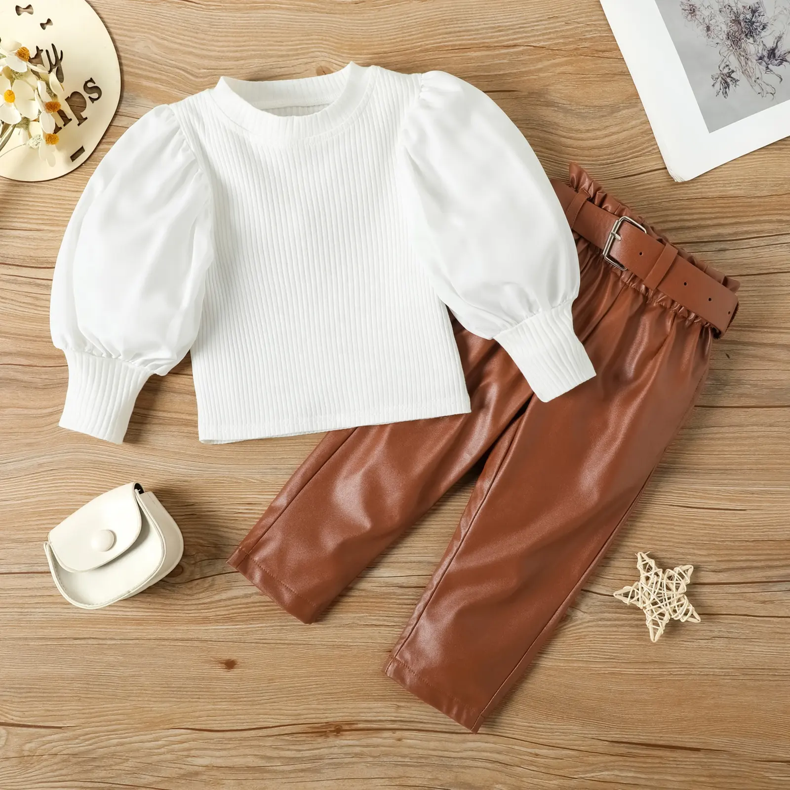 2022 Spring Autumn Fashion Girls Clothing Sets Long Puff Sleeve Solid Color Knitted Tops PU Leather Trousers 2PCS Kids Clothes