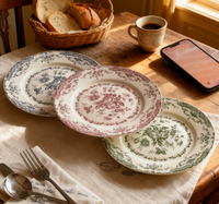 Assiette à dîner en céramique de style français, rose pastorale, réutilisable, compatible four/lave-vaisselle, imprimé floral classique, couleur surglacée pour
