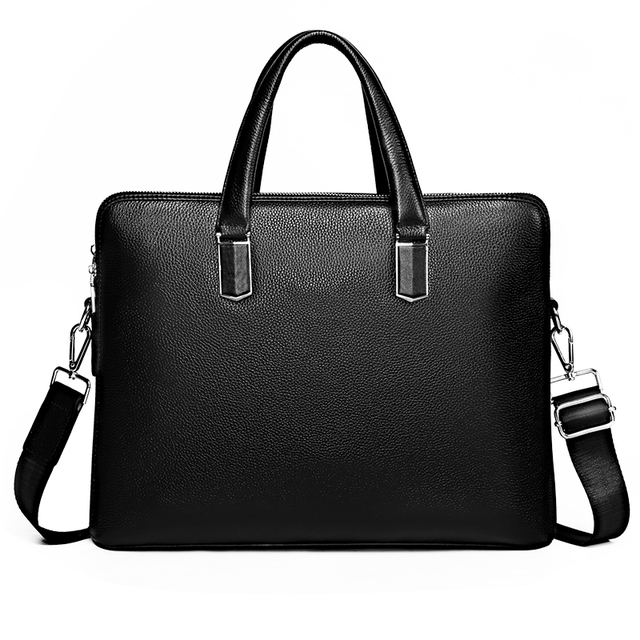 Men Genuine Leather Casual Classic Briefcase Black Litchi Grain Laptop Bag with Top Handle for Daily Commute & Business Meetings