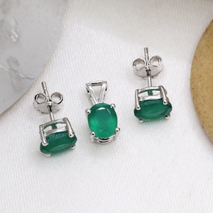 Wholesale 925 Solid <b>Sterling</b> <b>Silver</b> Natural Oval Cabochon Green Onyx 4 Prong Pendant Stud <b>Earring</b> <b>Set</b> Memoria Jewels - Product Image 6