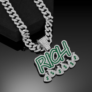 Conjunto de Cadena Cubana con Colgante Iced Rich, Chapado en Oro, Diamantes de Circonita, Collar Hip Hop, Letra de Aleación con Esmalte Verde, Amuleto de Bolsa de Dinero, Regalo - Product Image 4