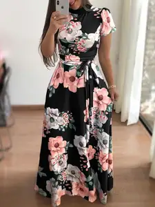 Produttore nuovo stile a collo lungo manica corta Casual donna stampa floreale Maxi abito estivo - Product Image 2