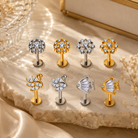Anting-anting titanium G23 16G bentuk bunga, bertabur CZ, untuk tindik bibir, tulang rawan, helix, conch, perhiasan tindik tubuh wanita.