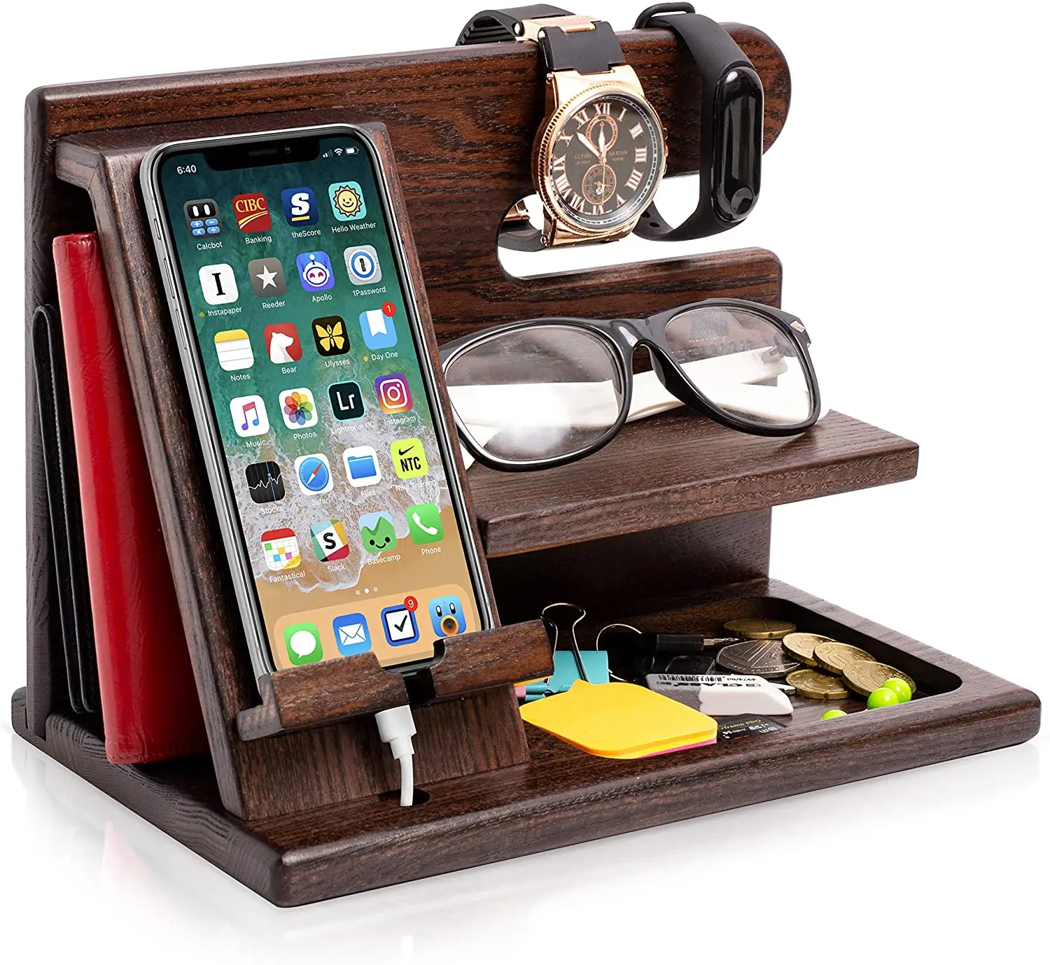 Wood Phone Docking Station Ash Key Holder Wallet Stand Watch Organizer