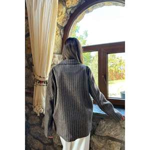 Veste en laine rayée marron pour femme, manteau chaud tissé à manches longues, décontracté, automne - Product Image 1