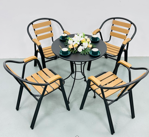 Modern <b>Aluminum</b> Frame Wood <b>Table</b> Set Slatted Chairs 4 Seater Commercial Outdoor Restaurant Furniture Durable Contemporary Design - Product Image 1