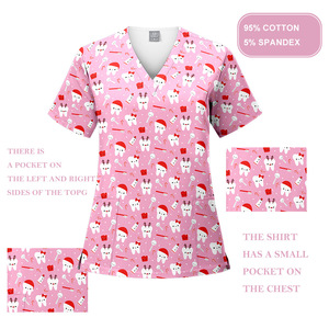 HZMNOI Dental Scrub Top V-Neck Short Sleeve Pink Tooth Print 95% Cotton 5% Spandex Moisture Wicking for Clinic Use - Product Image 1