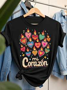 T-shirt vintage messicana con cuore da donna, manica corta, girocollo, stampa multicolore, in spagnolo Mi Corazon, per San Valentino, casual - Product Image 3